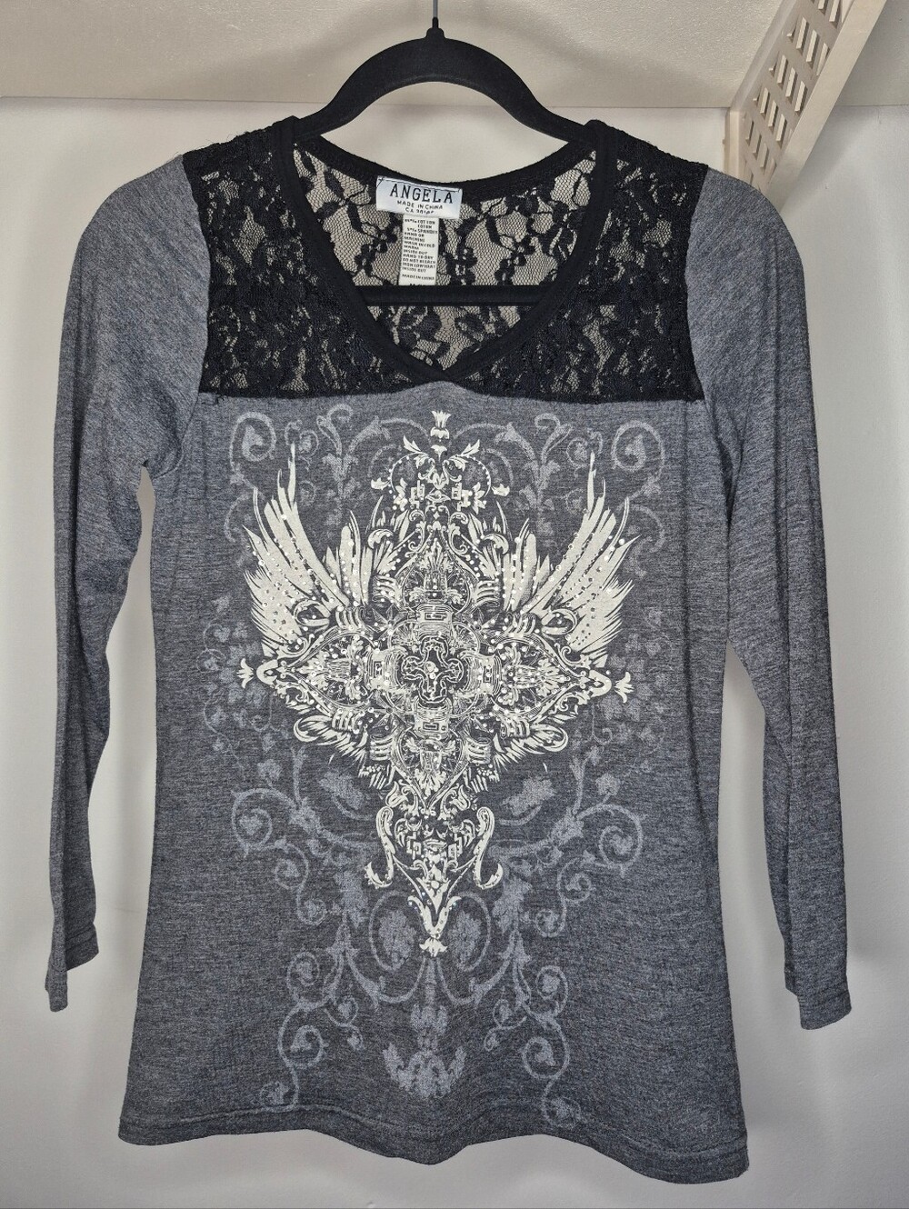 Angela Charcoal Grey Lace Accent Long-Sleeve Top with Graphic Rhinestone Detail